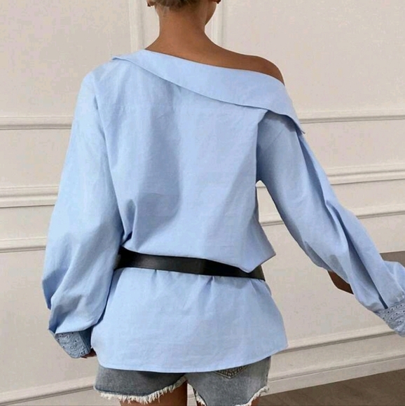 Women Elegant Casual Asymmetrical Shoulder Long Sleeve Belted Splice Cuff Blouse - Picture 4 of 4